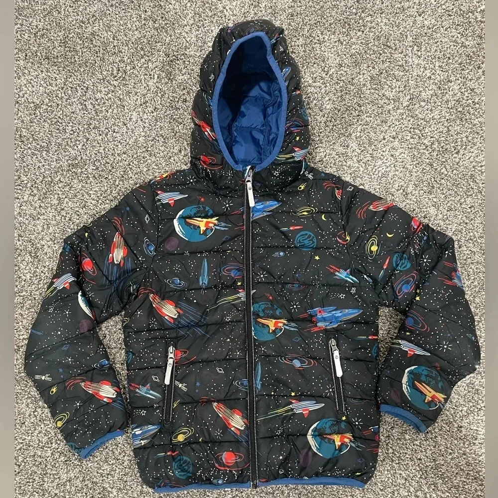 Hanna Andersson boy's space print black hooded puffer jacket, size 140 / 10. - Picture 1 of 12